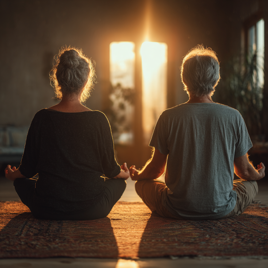 Tapasztalt jóga oktató érett korú csoporttal